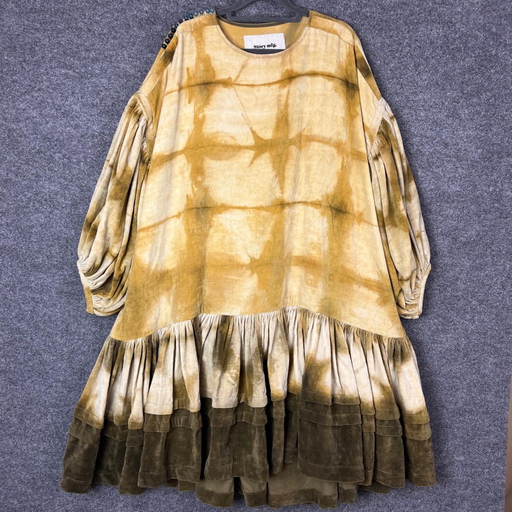 Story Mfg Tie Dye Velvet Midi Dress Puff Sleeve Ruffle Boho Organic cotton M‎